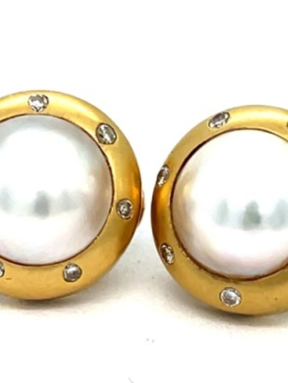 18k Mabe Pearl & Diamond Earrings Solid Yellow Gold Earrings